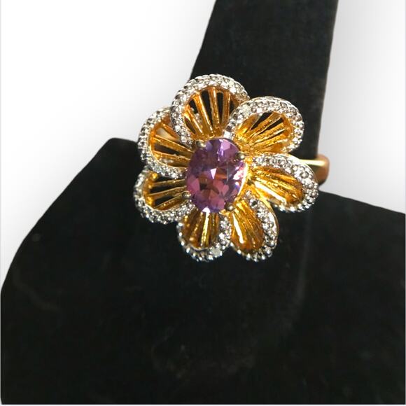 Lenox Jewelry - LENOX 925 sterling crystal flower cocktail ring Size 10 - faux amethyst, signed